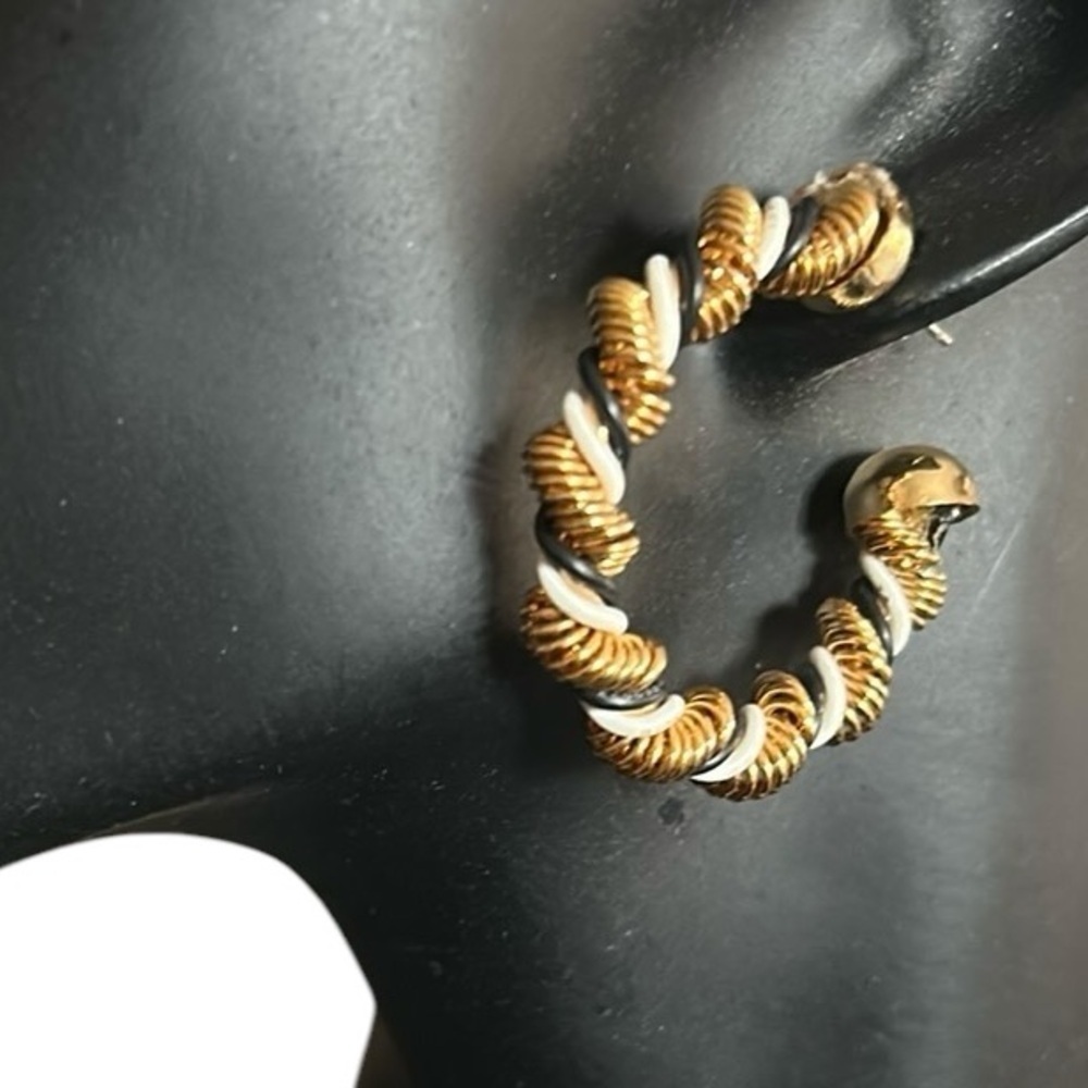 Gold Tri Colored Twist Rope Hoop Pierced Earrings Vintage
